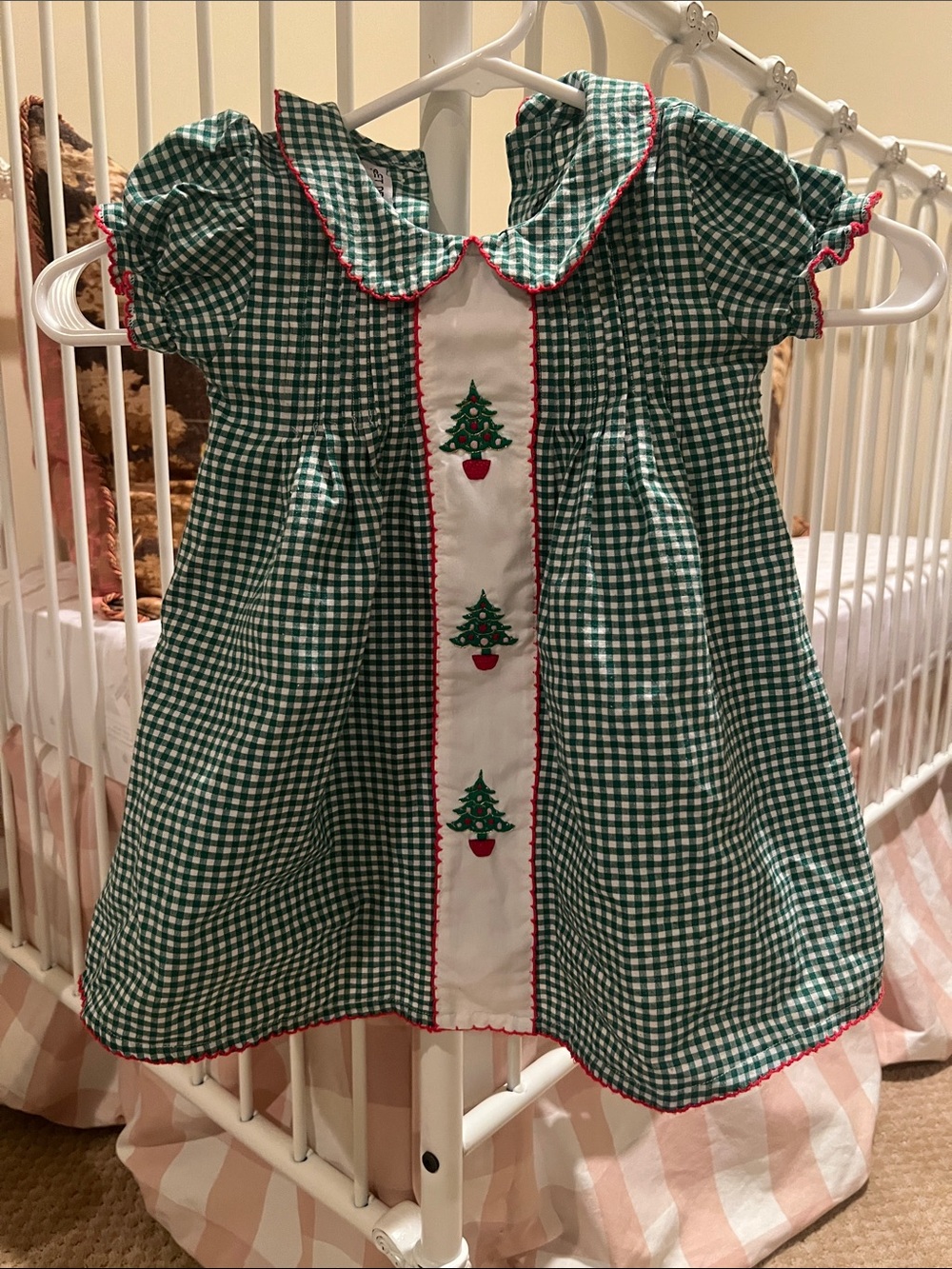 Sweet Dreams Green Gingham Christmas Tree Smocked Embroidered Dress
